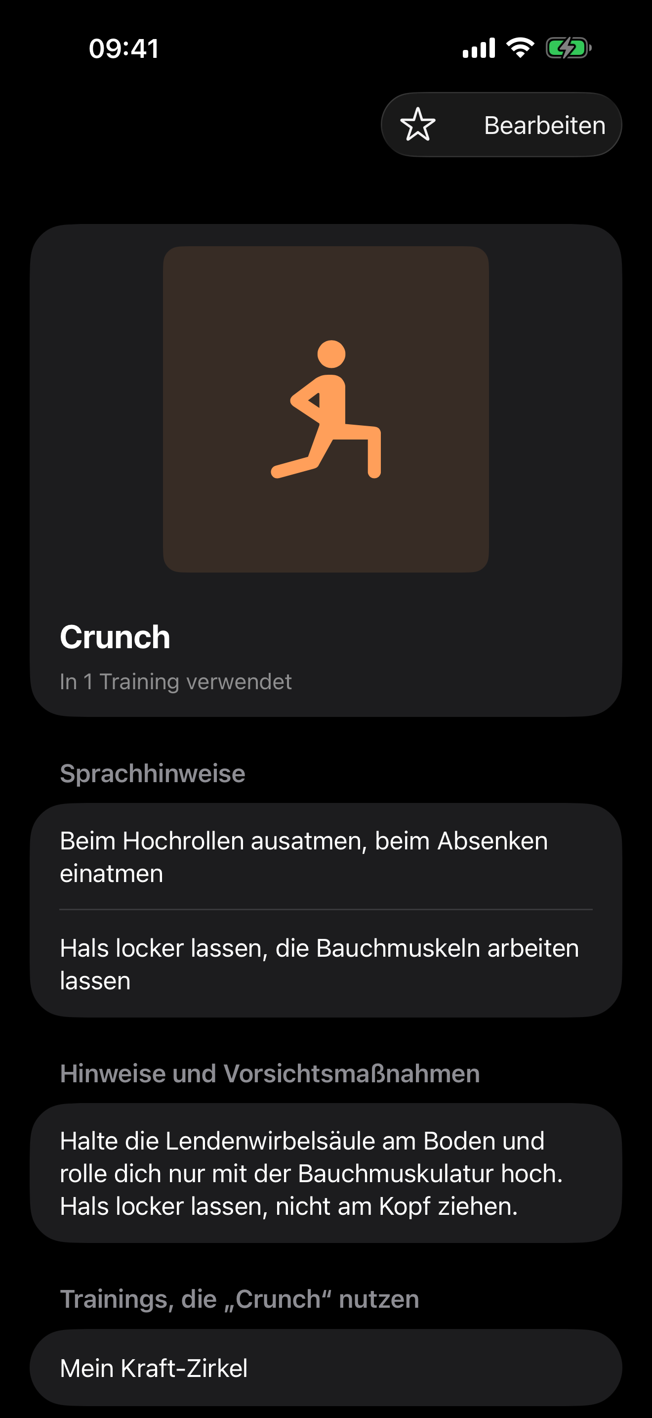 Details speichern. Hinweise im Training hören.